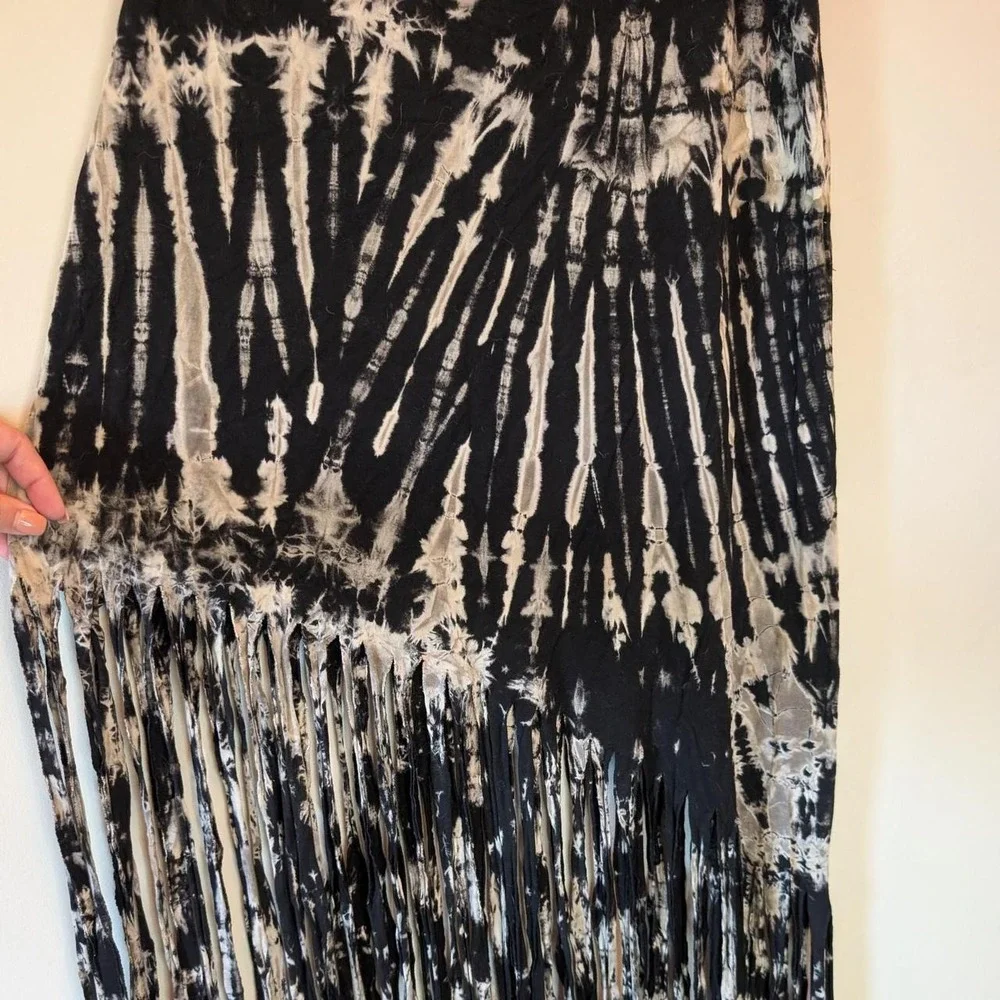 Bold Black & White tie-dye maxi skirt with fringe boho festival Asymmetrical